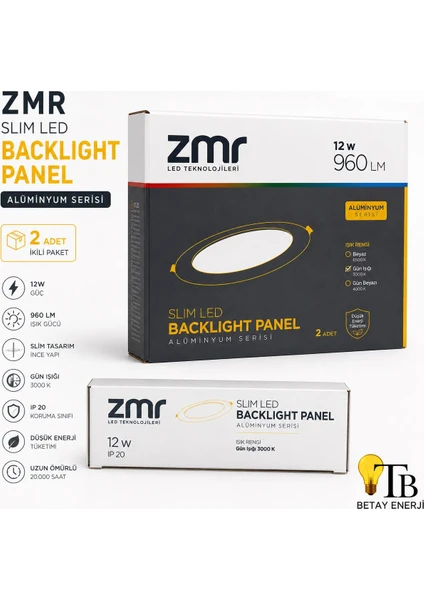 ZMR 12W Slim LED Backlight Panel Sıva Altı Gün Işığı 3000K 960 Lm Alüminyum Kasa 2’li Paket