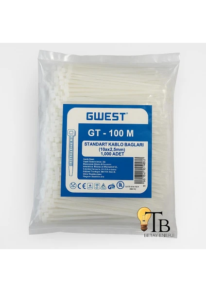 GWEST Kablo Bağı 100X2.5 mm – 1.000 Adet Plastik Kelepçe Standart Nylon 66