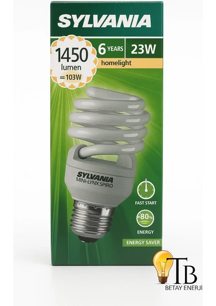 Sylvania 23W Tasarruflu Ampul 1450 Lumen, E27 Duy, 6000 Saat Ömür, Spiral Cfl